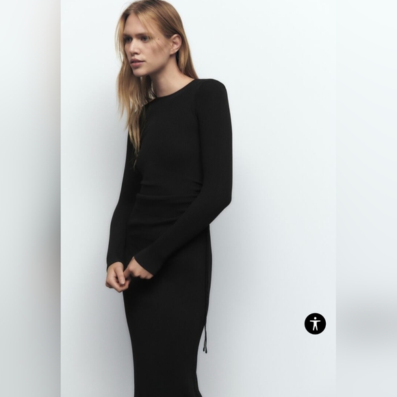ZARA* round neck long sleeve side ruche rib knit body con dress - Picture 5 of 17